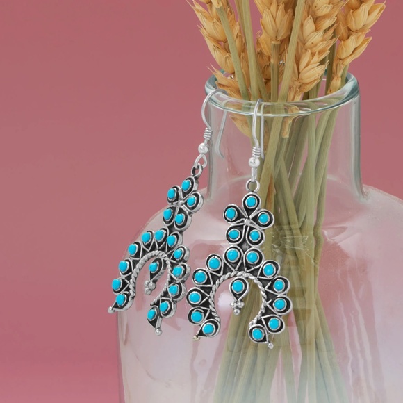 Handmade Oxidized Turquoise Flower and Horseshoe Drop Earrings - Picture 3 of 4